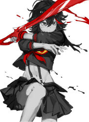 Rule 34 | 1girl, absurdres, fighting stance, greyscale, highres, holding, holding weapon, kill la kill, knees up, limited palette, matoi ryuuko, midriff, monochrome, multicolored hair, navel, partially colored, pleated skirt, red hair, school uniform, scissor blade (kill la kill), senketsu, short sleeves, simple background, skirt, solipsist, solo, spot color, stomach, streaked hair, two-tone hair, weapon, white background