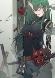 Rule 34 | 1girl, absurdres, arknights, belt, black shirt, breasts, chromatic aberration, commentary request, covered navel, cowboy shot, green hair, grey pants, hair between eyes, head tilt, highres, horns, hoshiguma (arknights), hoshiguma (ronin huntress) (arknights), katana, long hair, long sleeves, looking at viewer, mask, medium breasts, official alternate costume, oni mask, pants, partial commentary, planted, planted sword, planted weapon, pouch, shirt, single horn, solo, standing, sword, tengu mask, very long hair, weapon, yellow eyes, yuzibushijiang