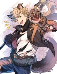Rule 34 | &gt; o, 1boy, ;d, animal ears, animal hands, axe, bara, belt, black pants, black tank top, blonde hair, fur collar, gloves, granblue fantasy, green eyes, holding, holding axe, holding weapon, jacket, kingyo 114, large pectorals, looking at viewer, male focus, muscular, muscular male, official alternate costume, one eye closed, open clothes, open jacket, open mouth, orange jacket, pants, paw gloves, paw pose, pectoral cleavage, pectorals, shirt, short hair, smile, solo, tail, tank top, torn clothes, torn shirt, vane (granblue fantasy), weapon, white shirt, wolf ears, wolf tail