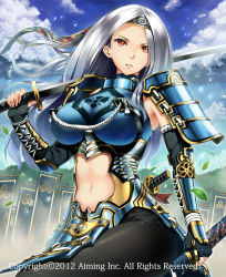 Rule 34 | 1girl, armor, banner, breasts, center opening, clothing cutout, cloud, dated, day, elbow gloves, fingerless gloves, gloves, headband, japanese clothes, katana, large breasts, leaf, long hair, lord of knights, navel, navel cutout, neo-masterpeacer, parted lips, red eyes, shoulder pads, silver hair, solo, sword, turtleneck, unsheathed, weapon, wind