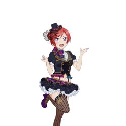 Rule 34 | 1girl, alternate hairstyle, artist request, bow, flight attendant, frills, garter straps, hat, high heels, looking at viewer, love live!, love live! school idol festival, love live! school idol project, midriff, mini hat, navel, nishikino maki, official art, open mouth, petticoat, puffy short sleeves, puffy sleeves, purple eyes, red hair, short hair, short sleeves, skirt, smile, solo, travel attendant, suspender skirt, suspenders, thighhighs, transparent background