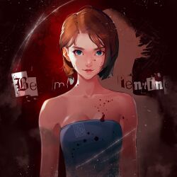 Rule 34 | 1girl, bare shoulders, blood, blood on chest, blood on clothes, blood on face, blue eyes, blue shirt, bob cut, breasts, brown hair, cleavage, closed mouth, collarbone, dated, fumezu1, highres, jill valentine, looking at viewer, medium breasts, parted bangs, portrait, resident evil, resident evil 3: nemesis, shirt, short hair, signature, smile, solo, strapless, strapless shirt, tube top, upper body