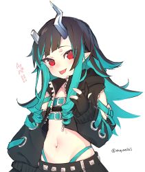 Rule 34 | 1girl, nanashi inc., absurdres, akayan, belt, belt bra, black gloves, black hair, black jacket, black skirt, blue belt, blue hair, blush, chest belt, clothing cutout, commentary request, cowboy shot, cropped jacket, cross-laced clothes, cross-laced sleeves, demon girl, demon horns, fang, flat chest, gloves, highres, horns, jacket, long hair, long sleeves, looking at viewer, midriff, multicolored hair, navel, open clothes, open jacket, open mouth, partially fingerless gloves, pointy ears, red eyes, shishio chris, shoulder cutout, simple background, skin fang, skirt, smile, solo, sugar lyric, tongue, tongue out, twitter username, two-tone hair, virtual youtuber, white background, zipper skirt