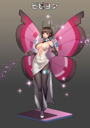 Rule 34 | 10s, 1girl, antennae, black pantyhose, breasts, brown hair, butterfly wings, cleavage, covered erect nipples, creatures (company), elbow gloves, female focus, fingerless gloves, full body, game freak, gen 6 pokemon, gloves, highres, insect wings, legs, long legs, looking at viewer, monster girl, navel, nintendo, original, pantyhose, personification, pink eyes, pokemon, pokemon xy, ryushin, short hair, solo, vivillon, vivillon (meadow), wings