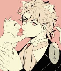 Rule 34 | 1boy, animal, animal ears, blonde hair, cat, cat boy, cat ears, cat tail, closed mouth, commentary request, dio brando, ear birthmark, holding, holding animal, holding cat, jacket, jojo no kimyou na bouken, long sleeves, male focus, ninoyoru, petals, phantom blood, red eyes, red nails, shirt, short hair, tail, translation request, white shirt
