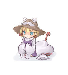 Rule 34 | 1girl, absurdres, bag, blonde hair, blue eyes, blunt bangs, candy, candy cane, chibi, facial hair, food, hair ribbon, hat, highres, jitome, knees to chest, knees up, long sleeves, moriya suwako, mustache, pyonta, ribbon, sad, shiki karin, simple background, sleeves past fingers, sleeves past wrists, solo, touhou, vest, white background, wide sleeves