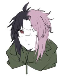 Rule 34 | 1boy, black hair, chinese commentary, closed mouth, colored skin, commentary request, eyepatch, green jacket, highres, jacket, male focus, medical eyepatch, multicolored hair, mutsushika misumi, parted bangs, pink hair, portrait, red eyes, saibou shinkyoku, short hair, songhua0206, split-color hair, white skin