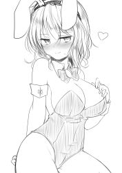 Rule 34 | 1girl, absurdres, alternate costume, animal ears, arm behind back, blush, bow, bowtie, breasts, cleavage, closed mouth, commentary request, cowboy shot, detached collar, efukei, greyscale, hair between eyes, hand on own chest, heart, highres, large breasts, leotard, light smile, looking at viewer, maribel hearn, monochrome, nose blush, playboy bunny, rabbit ears, short hair, simple background, solo, sweat, touhou, white background, wrist cuffs