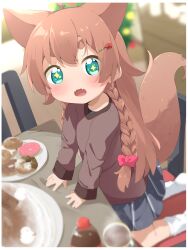 Rule 34 | + +, 1girl, animal ears, blue eyes, bow, braid, brown hair, brown sweater, commentary request, dog ears, dog girl, dog tail, doughnut, fangs, food, grey skirt, hair bow, hair ornament, hairclip, highres, kneeling, long hair, long sleeves, looking at viewer, makuran, miniskirt, momiji (makuran), open mouth, original, pleated skirt, red bow, skirt, socks, solo, sweater, tail, thick eyebrows, twin braids, white socks