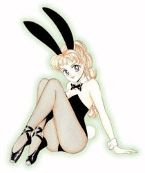 Rule 34 | 1990s (style), 1girl, animal ears, ballet slippers, bare arms, bishoujo senshi sailor moon, bow, bowtie, breasts, rabbit ears, playboy bunny, cleavage, detached collar, fake animal ears, fishnets, kino makoto, leotard, light brown hair, light smile, looking at viewer, lowres, official art, pantyhose, ponytail, sitting, solo, takeuchi naoko, wrist cuffs