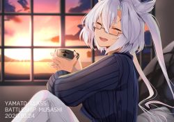 Rule 34 | 1girl, alternate costume, black sweater, casual, closed eyes, cloud, commentary request, cup, dark-skinned female, dark skin, dated, evening, glasses, hair between eyes, highres, holding, holding cup, indoors, kantai collection, light brown hair, long hair, long sleeves, musashi (kancolle), open mouth, orange sky, pants, pointy hair, ribbed sweater, sky, smile, solo, sun, sunset, sweater, twintails, two side up, white pants, window, yunamaro