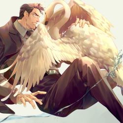 Rule 34 | 1boy, bara, bird, coat, collared shirt, commentary request, formal, highres, lapels, long sleeves, male focus, mature male, muscular, muscular male, necktie, original, shirt, smile, solo, swan, ueno kishi