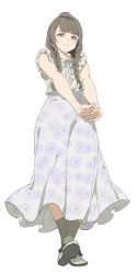 Rule 34 | 1girl, alternate costume, alternate hairstyle, bare arms, border, braid, brown eyes, brown hair, closed mouth, floral print, frilled sleeves, frills, full body, highres, long hair, long skirt, looking at viewer, love live!, love live! school idol project, low twin braids, minami kotori, print skirt, sato uma, shirt, short sleeves, simple background, skirt, skirt set, smile, socks, solo, twin braids, twintails, white background, white border, white shirt