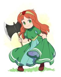 Rule 34 | 1girl, axe, breasts, closed mouth, dress, final fantasy, final fantasy mystic quest, full body, green eyes, karen (ffmq), long hair, looking at viewer, orange hair, pmpk, simple background, smile, solo, tiara, weapon