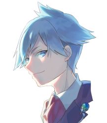 Rule 34 | 1boy, blue eyes, blue hair, closed mouth, collared shirt, commentary, creatures (company), game freak, jacket, looking at viewer, male focus, necktie, nintendo, odashi (namiri), pokemon, pokemon oras, red necktie, shirt, short hair, simple background, smile, solo, steven stone, upper body, white background, white shirt