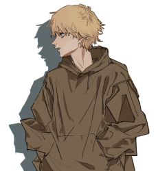 Rule 34 | 1boy, baggy clothes, blonde hair, brown hoodie, chainsaw man, denji (chainsaw man), facing to the side, hands in pockets, highres, hood, hoodie, looking to the side, male focus, open mouth, short hair, simple background, solo, tasuketemama, white background