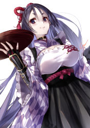 Rule 34 | 1girl, absurdres, alternate costume, arm guards, bad id, bad pixiv id, black gloves, black hakama, breasts, closed mouth, commentary request, dutch angle, enmaided, fate/grand order, fate (series), fingerless gloves, gloves, hair ornament, hakama, hakama skirt, hand up, high ponytail, highres, holding, holding tray, japanese clothes, kimono, large breasts, long hair, long sleeves, maid, minamoto no raikou (fate), ponytail, print kimono, purple eyes, purple hair, simple background, skirt, smile, solo, tray, utayoi (umakatare), very long hair, wa maid, white background, wide sleeves, yagasuri