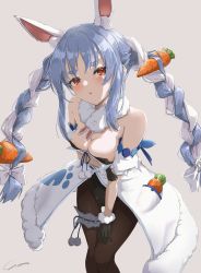 Rule 34 | 1girl, absurdres, animal ear fluff, animal ears, bare shoulders, blush, braid, breasts, carrot, carrot hair ornament, cleavage, food-themed hair ornament, fur-trimmed gloves, fur scarf, fur trim, gloves, hair ornament, highres, hikimayu, hololive, long hair, looking at viewer, multicolored hair, pantyhose, rabbit-shaped pupils, rabbit ears, rabbit girl, red eyes, short eyebrows, simple background, symbol-shaped pupils, thick eyebrows, twin braids, two-tone hair, usada pekora, usada pekora (1st costume), virtual youtuber, yo na