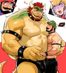 Rule 34 | 1girl, 3boys, alternate facial hair, alternate muscle size, bara, beard, blush, bowser, briefs, broken heart, bulge, couple, cowboy shot, dopey (dopq), eye contact, facial hair, fangs, forked eyebrows, full beard, furry, furry with non-furry, hairy, hand on another&#039;s back, heart, highres, holding hands, huge eyebrows, interspecies, large hands, large pectorals, latex underwear, looking at another, loving aura, luigi, male focus, male underwear, mario, mario (series), mature male, multiple boys, muscular, muscular male, nintendo, nipples, no nipples, paid reward available, pectorals, princess peach, screaming, shell, short hair, size difference, spiked tail, strongman waist, tail, the super mario bros. movie, thick arm hair, thick beard, thick chest hair, thick eyebrows, thick navel hair, topless male, underwear, wide-eyed, yaoi