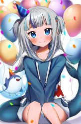 Rule 34 | 1girl, absurdres, bad id, bad pixiv id, balloon, between legs, bloop (gawr gura), blue eyes, blue hair, blush, bubble, confetti, fins, fish tail, gawr gura, gawr gura (1st costume), grey hair, hand between legs, hat, highres, hololive, hololive english, hood, hoodie, long hair, long sleeves, looking at viewer, maru ccy, multicolored hair, party hat, shark tail, sharp teeth, simple background, sitting, smile, streaked hair, tail, teeth, twitter username, two side up, virtual youtuber, white background
