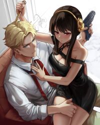 Rule 34 | 1boy, 1girl, absurdres, black hair, blonde hair, blue eyes, blush, breasts, cleavage, dagger, dress, dukkoart, earrings, formal, gold earrings, gold hairband, green suit, gun, hairband, hetero, highres, holding, holding gun, holding weapon, husband and wife, jewelry, knife, large breasts, long hair, long sleeves, medium breasts, red eyes, red tie, shirt, short hair, sidelocks, sitting, sitting on lap, sitting on person, spy x family, stiletto (weapon), suit, twilight (spy x family), two-sided dress, two-sided fabric, weapon, yor briar