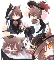 Rule 34 | 1boy, 1other, absurdres, animal ears, animal hands, arknights, black cape, black headwear, black jacket, black vest, brown hair, cape, cat boy, cat ears, cat tail, chibi, christine (arknights), closed eyes, commentary, dot mouth, ears through headwear, eyes visible through hair, hair over one eye, hat, hat feather, highres, holding ticket, hood, hooded cape, hooded jacket, jacket, looking at viewer, multiple views, p (hgdsisd), pawpads, phantom (arknights), shirt, short hair, simple background, tail, tail wagging, vest, white background, white shirt, yellow eyes