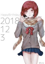 Rule 34 | 1girl, 2018, @ (symbol), alternate costume, artist name, blue skirt, bob cut, bow, breasts, commentary request, danganronpa (series), danganronpa v3: killing harmony, dated, grey shirt, happy birthday, long sleeves, looking at viewer, pleated skirt, red eyes, red hair, sakuyu, scarf, school uniform, shirt, short hair, simple background, skirt, small breasts, solo, white background, yumeno himiko