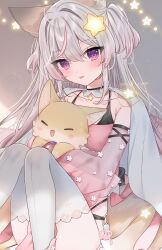 Rule 34 | 1girl, :p, animal, animal ear fluff, animal ears, animal hug, annytf, bare shoulders, closed mouth, collarbone, commentary, detached sleeves, dress, grey background, grey hair, grey thighhighs, hair between eyes, hair intakes, hair ornament, highres, indie virtual youtuber, knees together feet apart, knees up, long hair, long sleeves, looking at viewer, mafuyu (chibi21), multicolored hair, pelvic curtain, pink dress, pink hair, pink sleeves, purple eyes, see-through, see-through sleeves, signature, sitting, smile, solo, star (symbol), star hair ornament, streaked hair, tail, thighhighs, tongue, tongue out, two side up, very long hair, virtual youtuber, wide sleeves
