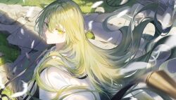 Rule 34 | 1other, androgynous, commentary request, enkidu (fate), fate/grand order, fate/strange fake, fate (series), feathers, floating hair, grass, green eyes, green hair, hair between eyes, highres, long hair, looking at viewer, outdoors, robe, shadow, solo, sunlight, tobi (pixiv41237754), very long hair, white robe