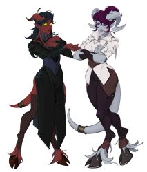 Rule 34 | 2girls, black dress, black hair, black pants, breasts, brown thighhighs, cleavage, colored sclera, colored skin, commission, crossed arms, demon girl, demon horns, demon tail, draenei, dress, glowing, glowing eyes, green eyes, hair bun, highres, hooves, horns, large breasts, looking at another, multiple girls, ninterbit, pants, pointy ears, purple hair, purple sclera, red skin, shirt, simple background, single hair bun, standing, tail, thighhighs, warcraft, white shirt, world of warcraft, yellow eyes