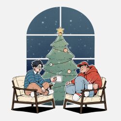 Rule 34 | 2boys, bara, baseball cap, black hair, blending, christmas tree, couch, couple, cup, denim, fat, fat man, full body, glasses, happy, hat, highres, holding, holding cup, jeans, koong (koong bg), male focus, multiple boys, night, night sky, on couch, original, pants, sanpaku, short hair, sitting, sky, snowing, socks, talking, thick eyebrows, white background, window, yaoi