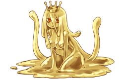 1girl bags_under_eyes bare_shoulders breasts brown_eyes cleavage completely_nude crown expressionless full_body gold highres long_hair looking_at_viewer medal monster_girl nude original romarsh2019 sitting slime_(substance) slime_girl solo transparent_background underboob wariza