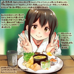 Rule 34 | &gt;:), 1girl, akagi (kancolle), brown eyes, brown hair, colored pencil (medium), commentary request, cup, dated, double v, food, hair between eyes, japanese clothes, kantai collection, kirisawa juuzou, long hair, numbered, smile, solo, tasuki, traditional media, translation request, twitter username, v, v-shaped eyebrows