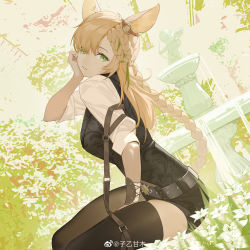 Rule 34 | 1girl, absurdres, animal ears, arknights, arm guards, arm strap, bandaged arm, bandages, belt, between legs, black shorts, black thighhighs, black vest, blonde hair, braid, braided ponytail, chinese commentary, closed mouth, commentary request, expressionless, flower, fountain, green eyes, green ribbon, grey belt, hair over one eye, hair ribbon, hand between legs, hand on own cheek, hand on own face, hand up, highres, kroos (arknights), kroos the keen glint (arknights), looking at viewer, looking to the side, official alternate costume, rabbit ears, ribbon, shirt, short sleeves, shorts, sitting, statue, thighhighs, thighs, vest, weibo logo, weibo watermark, white flower, white shirt, ziyiganmu