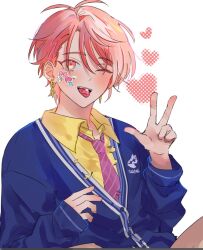 Rule 34 | 1boy, blue cardigan, cardigan, collared shirt, earrings, h4td4, heart, jewelry, long sleeves, looking at viewer, male focus, maruyama reo, necktie, one eye closed, paradox live, pink eyes, pink hair, red necktie, shirt, short hair, smile, solo, sticker on face, tongue, tongue out, white background, yellow shirt