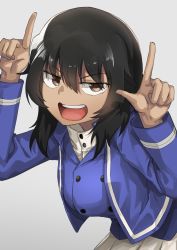 Rule 34 | 1girl, andou (girls und panzer), bc freedom military uniform, black hair, blue jacket, blue vest, brown eyes, commentary, dark-skinned female, dark skin, dress shirt, horns pose, girls und panzer, grey background, half-closed eyes, hamita1220, high collar, highres, jacket, leaning forward, long sleeves, looking at viewer, medium hair, messy hair, military, military uniform, open mouth, pleated skirt, pointing, pointing up, shirt, skirt, smirk, solo, standing, uniform, upper body, vest, white shirt, white skirt