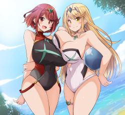 Rule 34 | 2girls, black one-piece swimsuit, blonde hair, breasts, chest jewel, competition swimsuit, headpiece, highres, kurokaze no sora, large breasts, long hair, multiple girls, mythra (radiant beach) (xenoblade), mythra (xenoblade), one-piece swimsuit, pyra (pro swimmer) (xenoblade), pyra (xenoblade), red one-piece swimsuit, ribbed swimsuit, strapless, strapless one-piece swimsuit, striped clothes, striped one-piece swimsuit, swept bangs, swimsuit, tiara, two-tone swimsuit, vertical-striped clothes, vertical-striped one-piece swimsuit, very long hair, white one-piece swimsuit, xenoblade chronicles (series), xenoblade chronicles 2, yellow eyes
