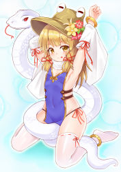 Rule 34 | 1girl, :p, absurdres, anklet, arm ribbon, armpits, arms up, bare shoulders, black panties, blonde hair, blue background, blush, brown hat, covered navel, detached sleeves, flat chest, flower, forked tongue, hair ribbon, hat, hat flower, highres, jewelry, long hair, long sleeves, looking at viewer, moriya suwako, naked tabard, no shoes, panties, red flower, red ribbon, ribbon, ribbon-trimmed legwear, ribbon trim, sitting, smile, snake, solo, tabard, thighhighs, thighs, tongue, tongue out, touhou, underwear, wariza, white snake, white thighhighs, yangshangshu, yellow eyes, yellow flower