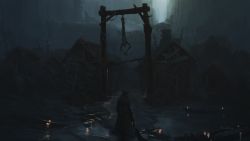 Rule 34 | 1other, ambiguous gender, arm at side, bloodborne, building, candle, candlelight, coat, commentary, corpse, from behind, hanging, hat, highres, holding, holding weapon, house, hunter (bloodborne), night, ruins, saw, saw cleaver, scenery, solo, tricorne, tripdancer, upside-down, water, weapon