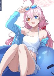 Rule 34 | 1girl, ahoge, bare shoulders, bikini, blue archive, blue eyes, blue jacket, blush, breasts, collarbone, deca purio, hair between eyes, hair bobbles, hair ornament, halo, heterochromia, hoshino (blue archive), hoshino (swimsuit) (blue archive), jacket, knees up, long hair, long sleeves, looking at viewer, low twintails, off shoulder, open clothes, open jacket, open mouth, orange eyes, pink hair, sitting, small breasts, smile, solo, swimsuit, thighs, twintails, white bikini