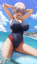 Rule 34 | 1girl, absurdres, aqua eyes, armpits, arms behind head, arms up, bare arms, bare legs, blue sky, breasts, cameltoe, cleavage, commentary, competition swimsuit, covered navel, day, english commentary, grey hair, hair ornament, hairclip, highres, huge breasts, impossible clothes, looking at viewer, mixed-language commentary, nature, one-piece swimsuit, open mouth, original, outdoors, short hair, silvertsuki, sitting, skindentation, sky, smile, solo, spread legs, summer, surfboard, swimsuit, thighs, water, wet