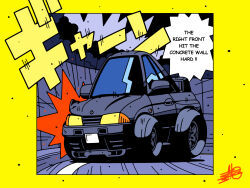 Rule 34 | border, car, car crash, chibi, choro-q, commentary, english commentary, highres, initial d, motor vehicle, nissan, nissan skyline, nissan skyline gt-r, nissan skyline r32, no humans, parody, satosio, scene reference, signature, sound effects, speech bubble, style parody, vehicle focus, yellow border