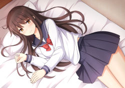 Rule 34 | 1girl, bed sheet, blue sailor collar, blue skirt, blush, bow, bowtie, brown eyes, brown hair, closed mouth, collarbone, commentary request, fingernails, hands up, long hair, long sleeves, lying, nakamura sumikage, on side, original, pillow, pleated skirt, red bow, red bowtie, sailor collar, school uniform, serafuku, shirt, skirt, smile, solo, very long hair, white shirt