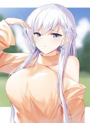 Rule 34 | 1girl, alternate costume, azur lane, bad id, bad pixiv id, belfast (azur lane), blue eyes, blue sky, blurry, blurry background, blush, braid, breasts, casual, cloud, day, french braid, grass, highres, large breasts, long hair, looking at viewer, shengtian, silver hair, sky, solo, tree