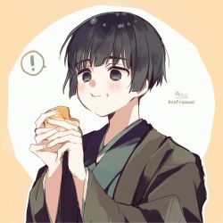 Rule 34 | !, 1boy, :t, axis powers hetalia, black eyes, black hair, black kimono, brown background, closed mouth, commentary request, eating, food, food on face, highres, holding, holding food, japan (hetalia), japanese clothes, kimono, long sleeves, looking away, male focus, open clothes, signature, sofra, solo, spoken exclamation mark, twitter username, two-tone background, upper body, wavy mouth, white background, wide sleeves