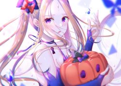 Rule 34 | 1girl, abigail williams (fate), black bow, blonde hair, blue nails, bow, breasts, choker, cleavage, detached sleeves, fate/grand order, fate (series), floating hair, hair bow, holding, kinom (sculpturesky), long hair, long sleeves, looking at viewer, multiple hair bows, nail polish, open mouth, parted bangs, pumpkin, purple bow, purple eyes, purple ribbon, purple sleeves, red bow, ribbon, ribbon choker, simple background, small breasts, solo, twintails, upper body, very long hair, white background