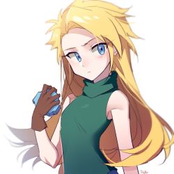 Rule 34 | 1girl, bad id, bad tumblr id, blonde hair, blue eyes, blush, breasts, brown gloves, closed mouth, commentary, digimon, digimon adventure, digivice, genderswap, genderswap (mtf), gloves, green shirt, holding, ishida yamato, long hair, looking away, maro (lij512), shirt, simple background, sleeveless, sleeveless shirt, small breasts, solo, symbol-only commentary, turtleneck, upper body, very long hair, white background