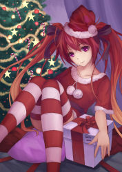 Rule 34 | 1girl, artist name, bad id, bad pixiv id, bauble, box, candy, candy cane, catsmoon, christmas ornaments, christmas tree, food, fur trim, gift, gift box, gradient hair, hat, highres, long hair, looking at viewer, mitsuka souji, multicolored hair, ore twintail ni narimasu, pom pom (clothes), red eyes, red hair, red ribbon, red thighhighs, ribbon, santa hat, short sleeves, sitting, smile, striped clothes, striped thighhighs, sweets, tailred, thighhighs, twintails, very long hair