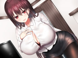 Rule 34 | 1girl, arm behind back, blush, bra, bra peek, breasts, breasts out, brown hair, bursting breasts, cleavage, door, dress shirt, dutch angle, hand on own chest, highres, huge breasts, indoors, lace, lace-trimmed bra, lace trim, leaning forward, long hair, long sleeves, looking at viewer, open mouth, original, pencil skirt, piripun, red bra, red eyes, shirt, skirt, smile, solo, television, underwear, white shirt