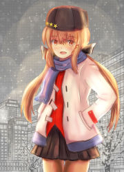 Rule 34 | 1girl, :d, alternate costume, black bow, black hat, black skirt, blouse, blue scarf, bow, brown eyes, brown hair, coat, fur hat, hair bow, hands in pockets, hat, kantai collection, long hair, looking at viewer, low twintails, open mouth, papakha, pleated skirt, red shirt, scarf, shirt, skirt, smile, solo, star (symbol), tashkent (kancolle), twintails, white coat, ynos